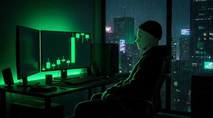 A hooded figure sits at a desk with multiple monitors displaying a green candlestick chart, silhouetted against a rainy cityscape at night, capturing the mood of a trader anticipating a major price surge. The dark, neon-lit atmosphere and focused posture reflect the bullish sentiment and anticipation of a "biblical" rally for the $WOJAK stock on Robinhood.