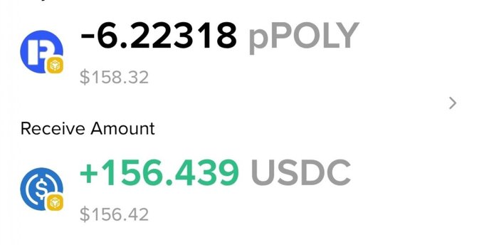 A cryptocurrency transaction showing -6.22318 pPOLY (~$158.32) being sent and +156.439 USDC (~$156.42) being received.