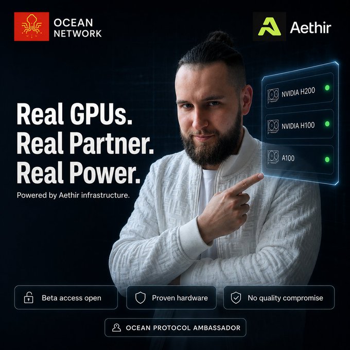 The image features a man wearing a white jacket, standing against a black background with his arm extended outwards. He has a beard and is pointing at something above him. The text "Real GPU Real partner. Real power." is displayed below him, which seems to be related to the content of the image or the post it's associated with.