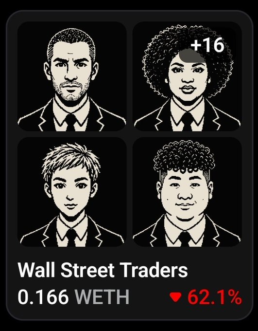 A digital trading card displays four illustrated "Wall Street Traders" portraits in a grid, with a "+16" indicator on the top-right and showing a current price of "0.166 WETH" alongside a 62.1% heart rate. The card represents the user's growing NFT collection, as the post mentions holding 20x of the @WSTbyCommit NFTs while anticipating upcoming $WST staking features.