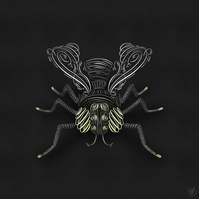 A digital artwork of a stylized bee or wasp rendered in glowing white and yellow line art on a black background, with a small artist signature in the bottom right corner.
