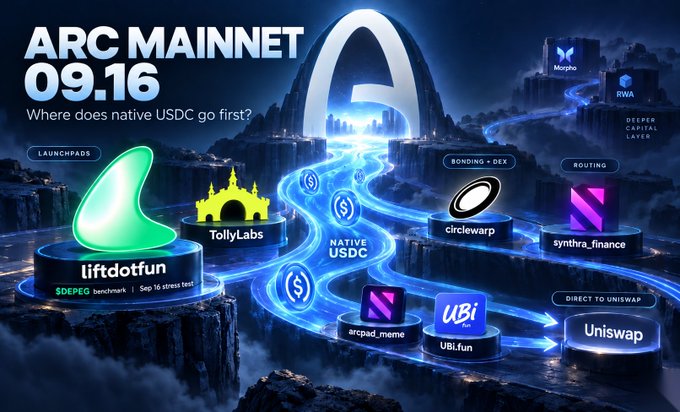 The image promotes the Arc Mainnet launch on 09.16, highlighting where native USDC flows first—including launchpads like liftdotfun (with $DEPEC benchmark and Sep 16 stress test) and TollyLabs, plus DeFi partners like circlewarp (bonding + DEX), synthra_finance (routing), arcpad_meme, UBi.fun (direct to Uniswap), and an upper-right layer showcasing Morpho, RWA, and a "Deeper Capital Layer." The visual maps the post's thesis: Arc's debut isn't about app quantity but the launchpad and DeFi ecosystem that captures the first wave of native USDC liquidity.
