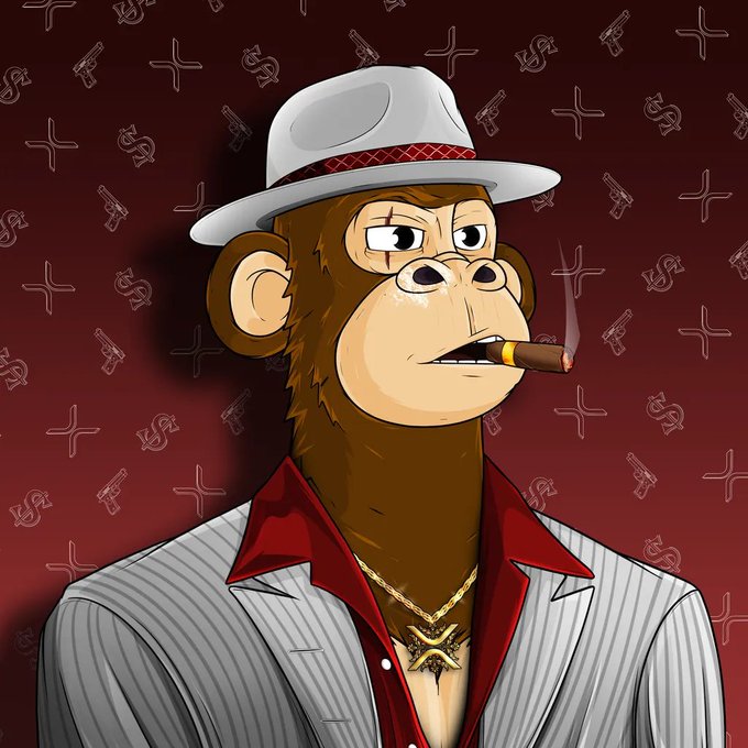 A digital illustration of a cartoon monkey wearing a white fedora, grey pinstripe suit, red shirt, gold chain, and smoking a cigar against a dark red background with faint weapon patterns.