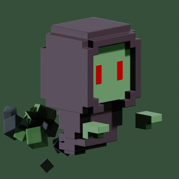 A 3D voxel-style rendering of a blocky, dark purple hooded character with a green face and red eyes, floating alongside dark cubes against a green background.