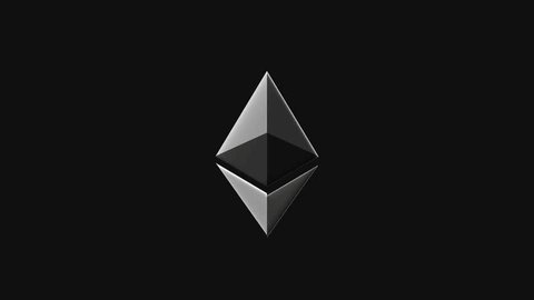 The Ethereum logo, a silver and black geometric diamond shape, displayed against a solid black background.