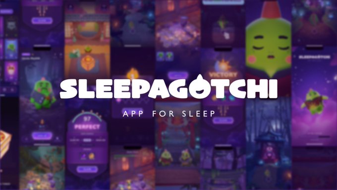 The image features an advertisement for a new app called "Sleepagotchi" that encourages healthy sleeping habits by rewarding positive behaviors with points or virtual currency. The app has been designed to help users maintain better sleep patterns, as indicated by the text in the image. The app is displayed prominently against a purple background and includes various illustrations of different characters representing the concept of Sleepagotchi.