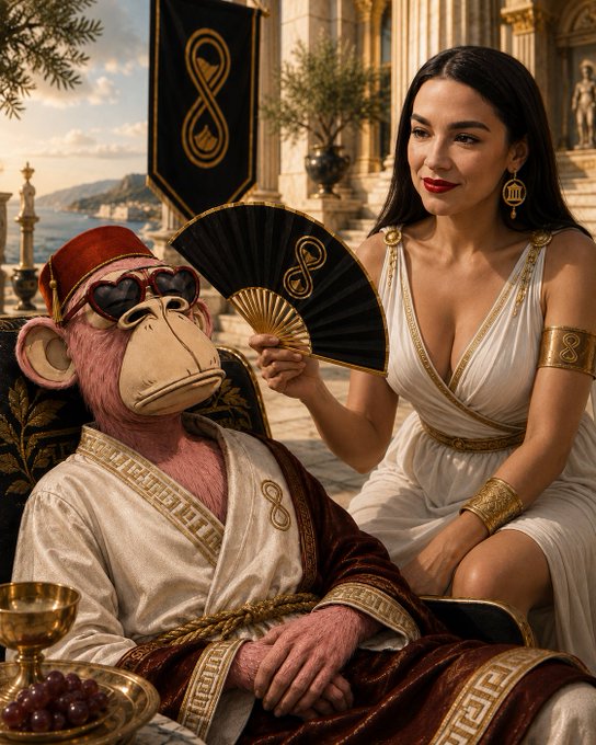 A woman in a white Greek-style dress fans a monkey dressed as Roman royalty, both adorned with infinity-symbol motifs and gold jewelry in a classical seaside setting.