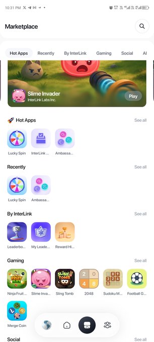 A screenshot of an InterLink app marketplace showing categories like Hot Apps, Recently, By InterLink, and Gaming with various colorful app icons.
