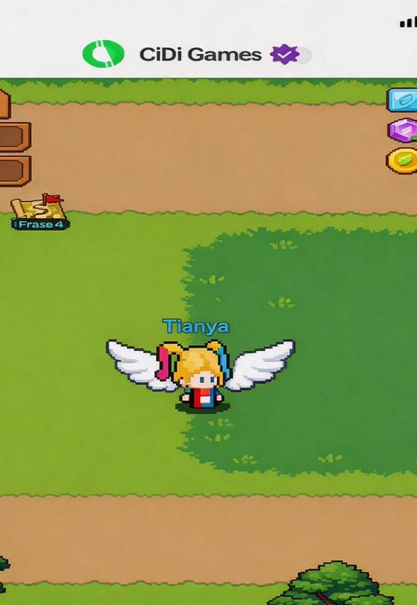 A mobile game screenshot from CiDi Games showing a character named 'Tianya' with angel wings in a pixel-art style field, with 'Frase 4' visible on a wooden sign.
