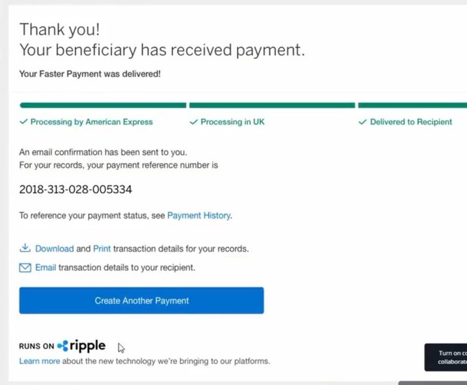 A payment confirmation screen displaying 'Thank you! Your beneficiary has received payment' with reference number 2018-313-028-005334, noting the transaction runs on Ripple technology.