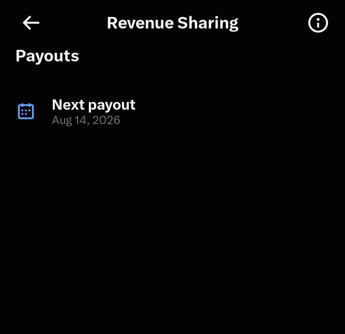 A dark mobile app screen titled 'Revenue Sharing' under 'Payouts', indicating 'Next payout Aug 14, 2026'.