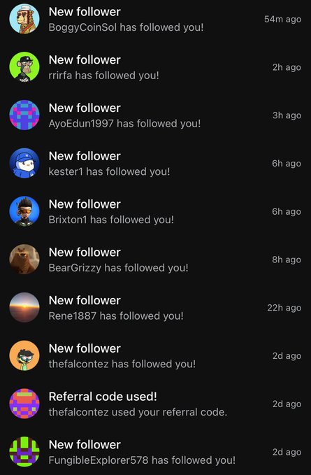 A mobile app screen displaying a list of notifications on a dark background, including 'New follower' alerts from users like BoggyCoinSol, rriffa, AyoEdun1997, kester1, Brixton1, BearGrizzy, Rene1887, thefalcontez, and FungibleExplorer578, along with a 'Referral code used!' notification.