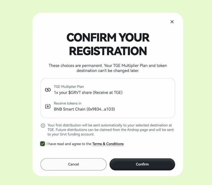 A confirmation modal titled "CONFIRM YOUR REGISTRATION" prompts users to finalize their TGE Multiplier Plan selection, showing a 1x $GRVT share to be received at TGE via BNB Smart Chain (0x9834...a1D3), with a checkbox to agree to Terms & Conditions and Confirm/Cancel buttons—representing the final step in the GRVT airdrop registration process.