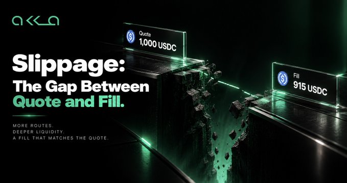 The image is a dark, futuristic digital illustration by OKX featuring two floating panels that illustrate slippage: one shows "Quote: 1,000 USDC" on the left, while the other shows "Fill: 915 USDC" on the right, connected by glowing green beams and crumbling geometric debris symbolizing the gap between expected and executed trade values.