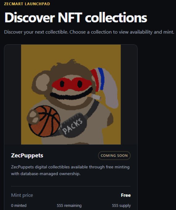 A ZecMart Launchpad webpage screenshot promoting 'ZecPuppets' NFT collection, showing a monkey mascot in a red mask holding a basketball and a PACKS bag, with 'COMING SOON' label, free mint price, and 555 supply.