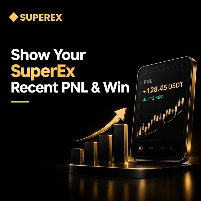 An advertisement for 'SUPEREX' promotes 'Show Your SuperEx Recent PNL & Win', showing a smartphone displaying a +128.45 USDT profit chart with golden growth bars.