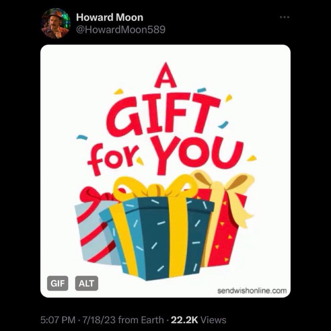 A user named Howard Moon (@HowardMoon589) posted a colorful image displaying the text "A GIFT for YOU" above wrapped presents, timestamped 5:07 PM on 7/18/23 with 22.2K views, which the accompanying post highlights as part of a coded XRP "deltas" pattern when the date 7/18 is flipped to 8/17.