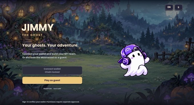 A website landing page for 'Jimmy the Ghost' features a ghost mascot wearing a purple cap, with options to 'Connect wallet' (Chain locked) or 'Play as guest' against a mystical nighttime forest backdrop.