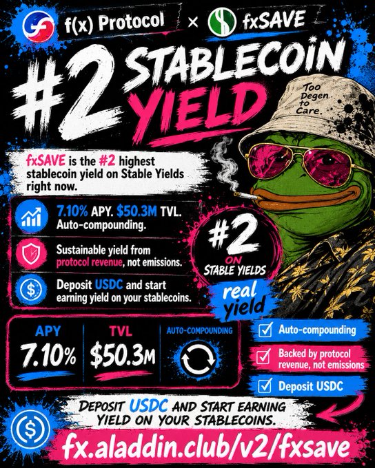 The image is a black and white poster featuring an illustration of a frog wearing sunglasses and holding a cigarette, surrounded by text that reads "two stablecoin yield". The poster also mentions that there are two coins yielding 7.1% APY and $50.3M TVL respectively.