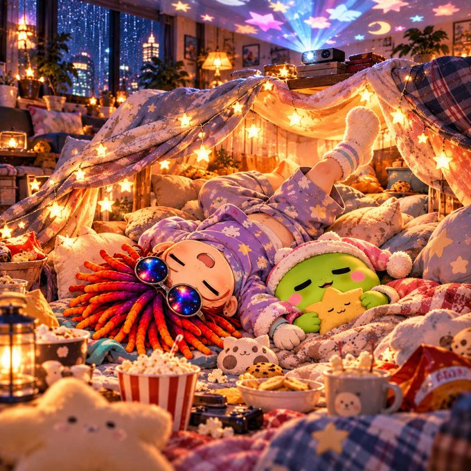 A cozy blanket fort scene with a person wearing galaxy sunglasses and star-patterned pajamas, lying next to a green plush character, surrounded by twinkling fairy lights, popcorn, and snacks.