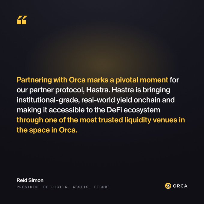 The image features a quote from Reid Simon, who is the President of Digital Assets at Figure, discussing the factors that led to the decision to invest in orca's liquidity infrastructure. The quote highlights the importance of the first pool being the deciding factor for Orca's investment in this particular project.