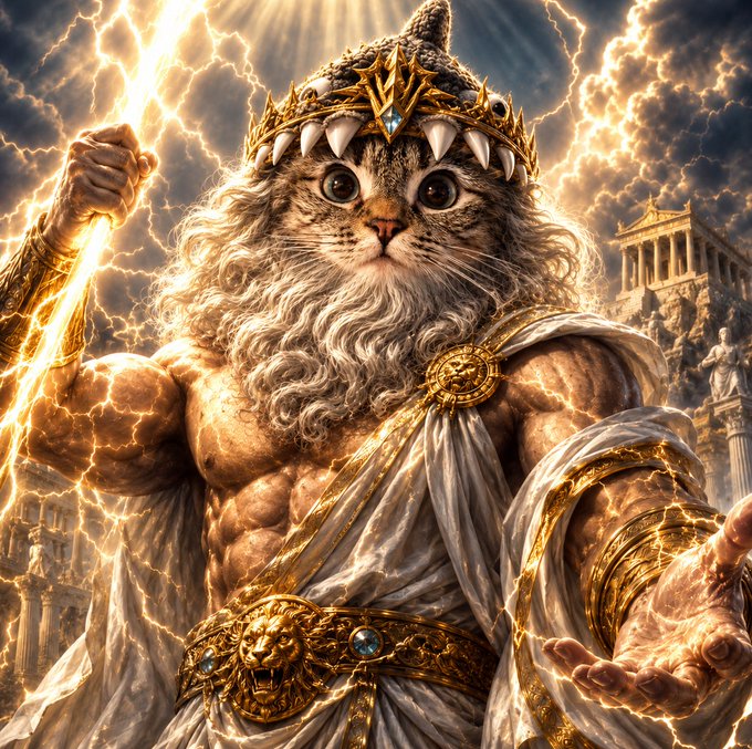 A majestic anthropomorphic cat deity wearing an ornate golden crown with gemstones, wielding a lightning bolt amid stormy clouds with Greek-style architecture in the background.