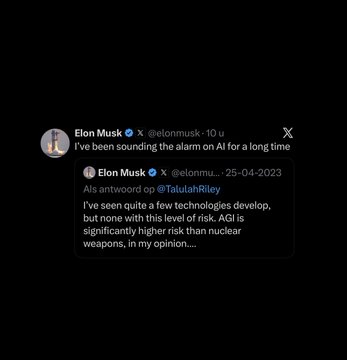Screenshot of an Elon Musk tweet from October reading 'I've been sounding the alarm on AI for a long time,' quoting his 2023 post about AI posing higher risk than nuclear weapons.