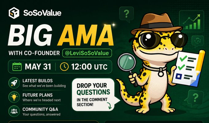 The image features a cartoon lizard wearing glasses, holding a magnifying glass over some papers with questions written on them. The text of the image includes information about an event called "Big AMA" that takes place on May 31 at 12:00 UTC. The event is related to the co-founder of LeviSoSoValue and aims to answer questions from users in the comment section.