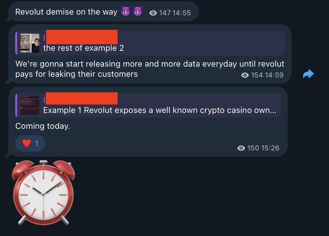 A Telegram chat shows messages stating "Revolut demise on the way," "the rest of example 2: We're gonna start releasing more and more data everyday until revolut pays for leaking their customers," and "Example 1 Revolut exposes a well known crypto casino own... Coming today," with a red alarm clock image at the bottom. The threatening messages corroborate the post about hackers claiming to hold Revolut customer data—including passports, selfies, and Bitcoin transaction histories—and threatening daily leaks until payment is made, as view counts (147, 154, 150) and timestamps confirm the escalating data dump is in progress.