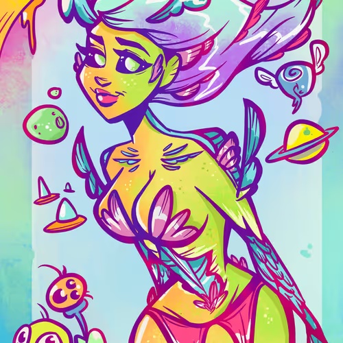 A vibrant digital illustration of a green-skinned anime-style character with flowing hair surrounded by floating planets and cute creatures.
