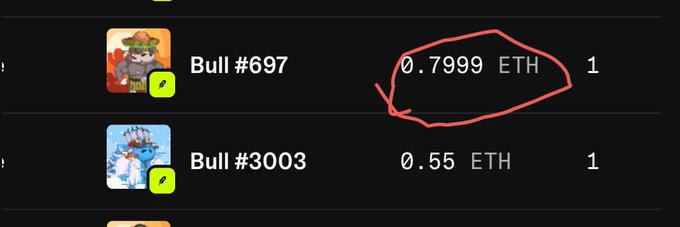 A screenshot showing cryptocurrency listings with 'Bull #697' priced at 0.7999 ETH circled in red, and 'Bull #3003' priced at 0.55 ETH.