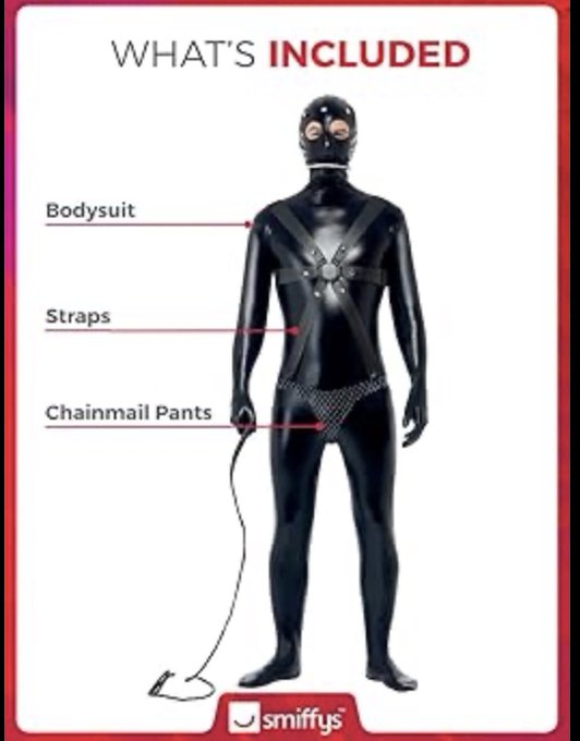 A product diagram from Smiffys titled 'WHAT'S INCLUDED' showing a figure in a black bodysuit with labels for the Bodysuit, Straps, and Chainmail Pants.