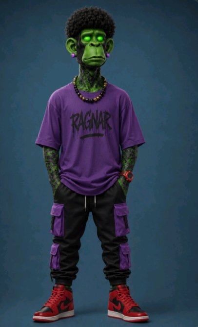 A digital illustration of a green-skinned monkey character with glowing green eyes, wearing a purple 'RAGNAR' t-shirt, beaded necklace, black and purple cargo pants, and red Jordan sneakers.