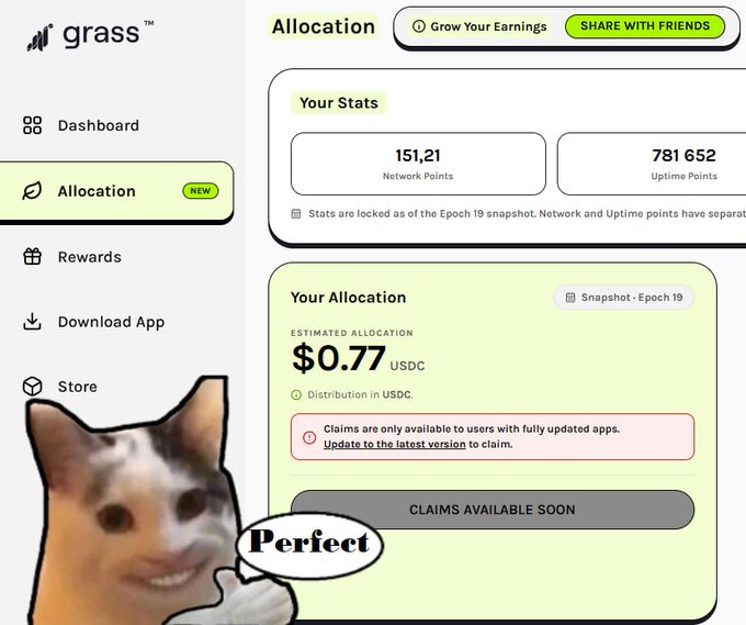 Screenshot of the Grass dashboard showing an Allocation page with 151.21 Network Points, 781,652 Uptime Points, and an estimated allocation of $0.77 USDC, featuring a smiling cat meme with a 'Perfect' speech bubble.