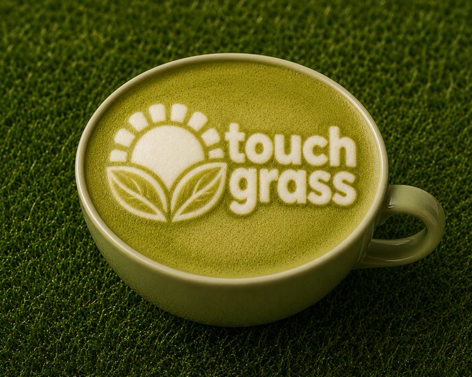 The image features a cup of green tea with white text that reads "Touch Grass" written on top, which appears to be a logo for a company or brand related to coffee or tea. The background of the photo is a grassy area, suggesting an outdoor setting where people can enjoy their beverages while surrounded by nature.