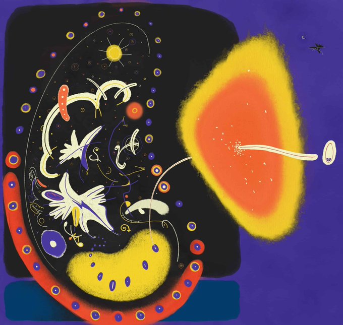 An abstract digital artwork featuring a cosmic scene with white bird-like figures, a bright yellow sun with red center, scattered stars, and a curved red crescent shape with blue dots against a deep blue and black background.