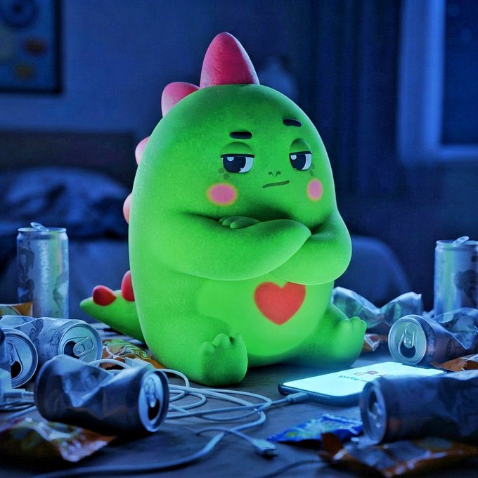 A green cartoon dinosaur plush toy with a red heart on its belly sits with crossed arms and a grumpy expression, surrounded by discarded soda cans and snack wrappers in a dimly lit room.