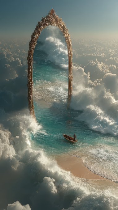 A fantastical digital artwork showing a giant ornate mirror standing amid ocean waves and clouds, with a small boat floating in the surreal waters.
