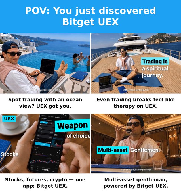 A meme-style collage titled 'POV: You just discovered Bitget UEX' showing a man relaxing in luxury settings while trading on a phone, with captions promoting it as a 'Weapon of choice' and 'Multi-asset Gentlemen' platform.