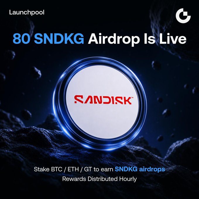 A promotional graphic from Launchpool announces the "80 SNDKG Airdrop Is Live," featuring a SanDisk-branded token in a glowing blue ring set against an asteroid-strewn cosmic background. The ad invites users to stake BTC, ETH, or GT to earn SNDKG airdrops distributed hourly, visually reinforcing the post's message about gaining SanDisk exposure through tokenized rewards.