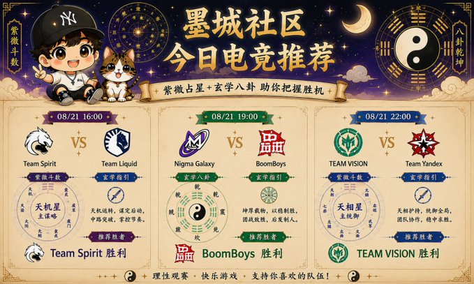 The image is a Chinese-language esports betting recommendation graphic titled "墨城社区 今日电竞推荐" (Mo City Community Today's Esports Recommendations) by 紫微斗数 (Zi Wei Dou Shu). It features three match predictions with mystical fortune-telling elements:

- **08/21 16:00**: Team Spirit vs Team Liquid — **Team Spirit 胜利** (Victory)
- **08/21 19:00**: Nigma Galaxy vs BoomBoys — **BoomBoys 胜利** (Victory)
- **08/21 22:00**: TEAM VISION vs Team Yandex — **TEAM VISION 胜利** (Victory)

Each prediction is backed by divination readings (天机星, 天相星, etc.) and reasoning such as "天机动转，谋定后动" and "坤厚载物，以稳制胜." A note at the bottom reads "理性观赛 · 快乐游戏 · 支持你喜欢的队伍
