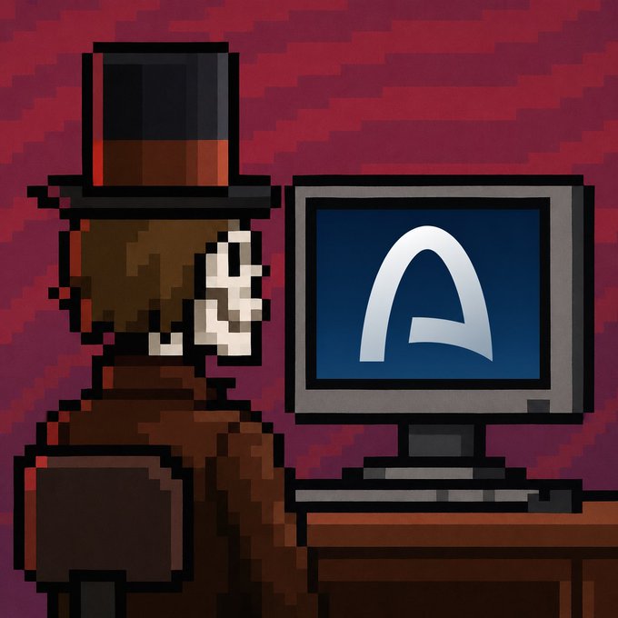 A pixel-art figure in a top hat stands beside a computer monitor displaying a large “A,” referencing Arc and the post’s call for people interested in upcoming Arc NFT projects.