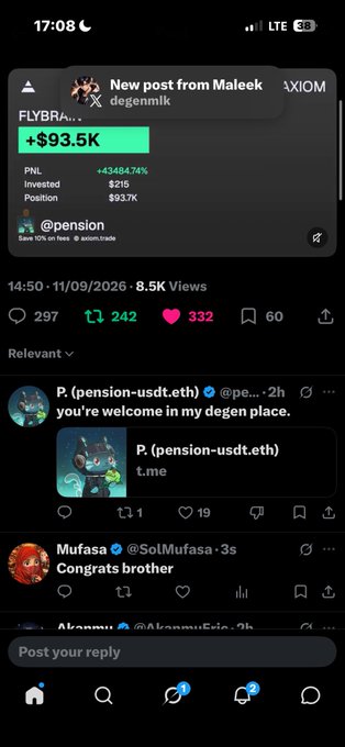 A mobile screenshot showing a social media post by Maleek/degenmlk with a trading profit of +$93.5K (PNL: +43484.74%, Invested: $215, Position: $93.7K) on FLYBRA.
