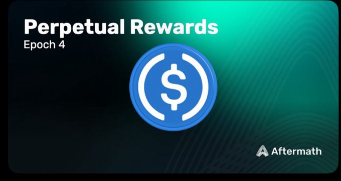Promotional graphic for 'Perpetual Rewards Epoch 4' featuring a USDC token icon and the Aftermath logo on a teal gradient background.