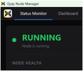 A status monitor dashboard for Crusoe Node Manager displays a green 'RUNNING' indicator with the message 'Node is running' under the 'Status Monitor' tab, showing 'NODE HEALTH' below.