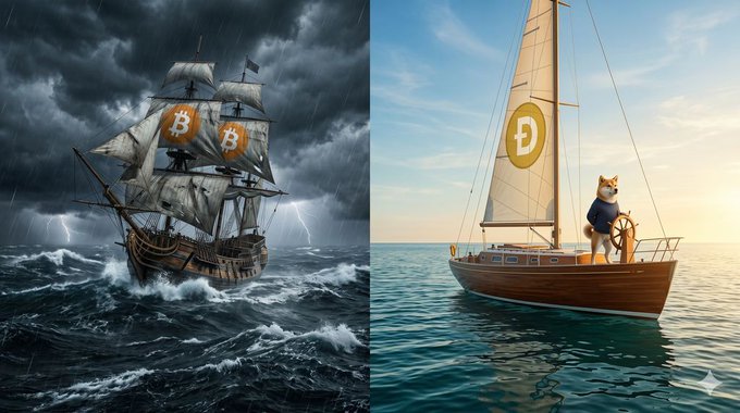 The image features two different scenes of a ship sailing through rough waters with a dog sitting at the helm. One scene depicts a pirate ship, while the other shows a sailboat carrying a dog as its captain. The pirate ship has a stormy sky above it and is being pulled back by a wave, creating an intense atmosphere. On the other hand, the sailboat with the dog on board appears to be calmly sailing through the rough waters without any visible distress or struggle from the dog at the helm.