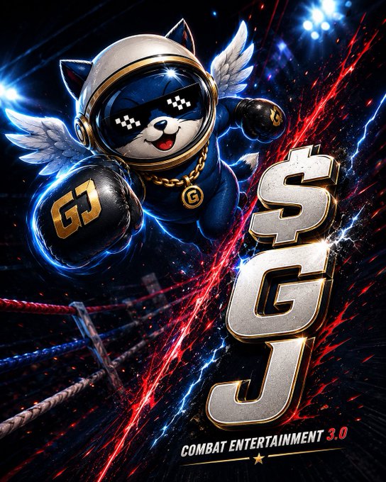 A winged cartoon cat wearing boxing gloves marked "GJ" and pixelated sunglasses charges through a cosmic, electrified boxing ring alongside bold metallic "$GJ" lettering and the tagline "COMBAT ENTERTAINMENT 3.0." The image visually embodies the post's message of $GJ as a unified ecosystem where the community doesn't just watch the fight—they own it.