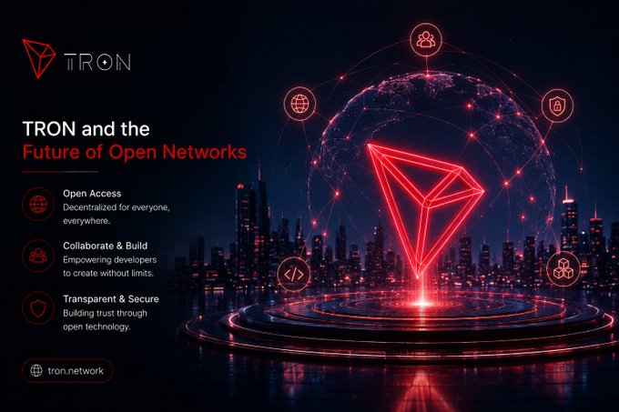 A promotional graphic for TRON titled 'TRON and the Future of Open Networks' featuring a glowing red TRON logo, with bullet points for 'Open Access', 'Collaborate & Build', and 'Transparent & Secure', and the URL 'tron.network'.