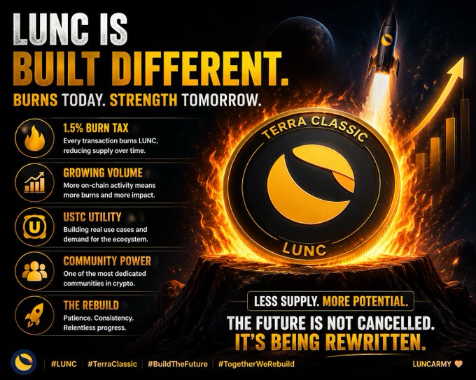 A promotional graphic declares "LUNC IS BUILT DIFFERENT" with features like "1.5% BURN TAX" and "USTC UTILITY," showing the Terra Classic LUNC logo surrounded by flames and a rising chart.