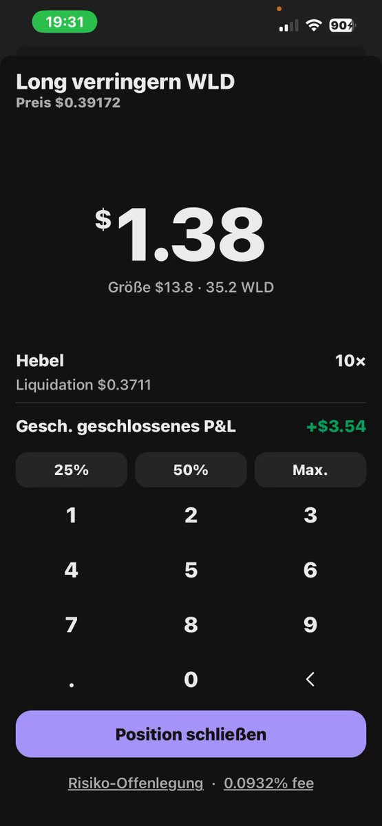 The image shows a cell phone screen displaying a black background with white text, including numbers and letters. The main focus of the image is a calculator app that has been translated into German. The app displays a total of $1.38 on its screen, indicating a monetary value or cost associated with an item or service. The post also mentions a loss of 100 dollars due to a position change in the stock market.